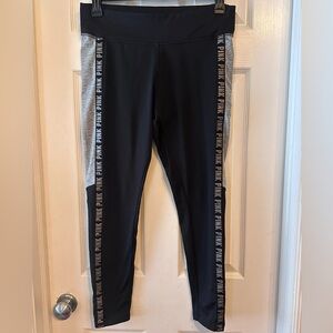 Victoria’s Secret PINK Cozy Leggings Black Gray Side Stripe Logo Size Large